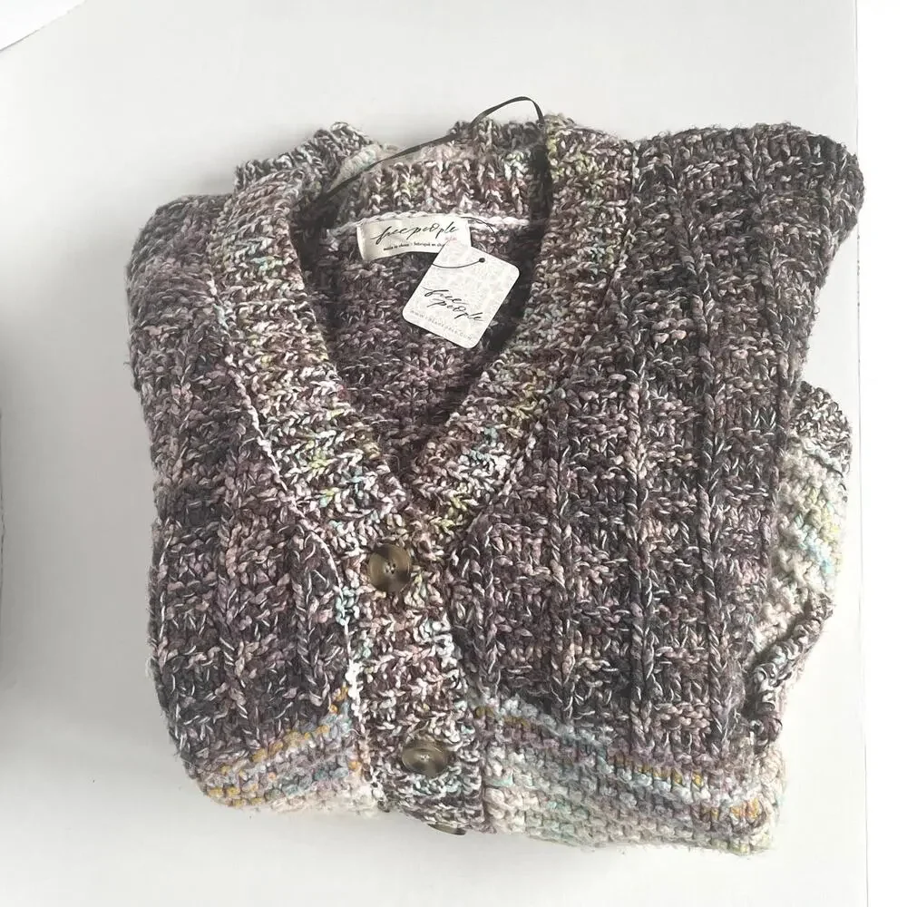 Free People Isabella Cardigan Chunky Knit Slouchy Brown Cream Patchwork L
